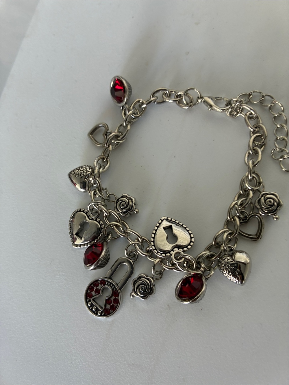 Silver Charm Bracelet with Red Crystal Hearts - Women Jewelry